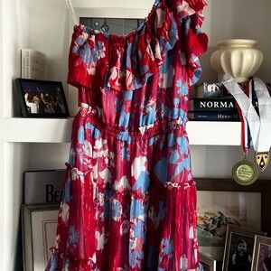 Shoshanna Light Blue and Red Floral One-Shoulder Dress